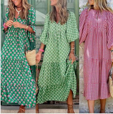 2025 Cross-Border Foreign Trade Summer Women's Short Sleeve Plus Size Loose Printed Lantern Sweet Style Dress Long Comfortable