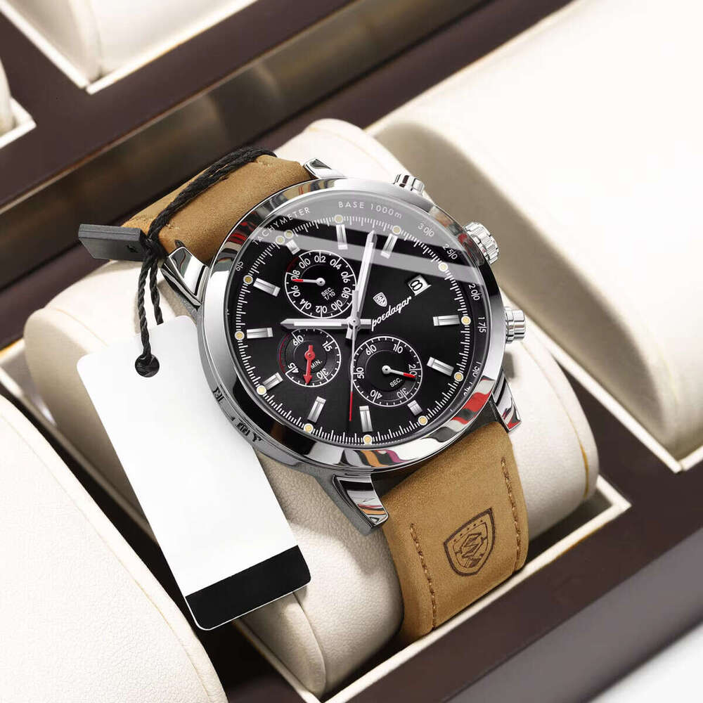 DHgargets Men's Sports Chronograph Watch - 50M Waterproof Leather Strap Quartz Wristwatch with Date & Tachymeter (Model 932)