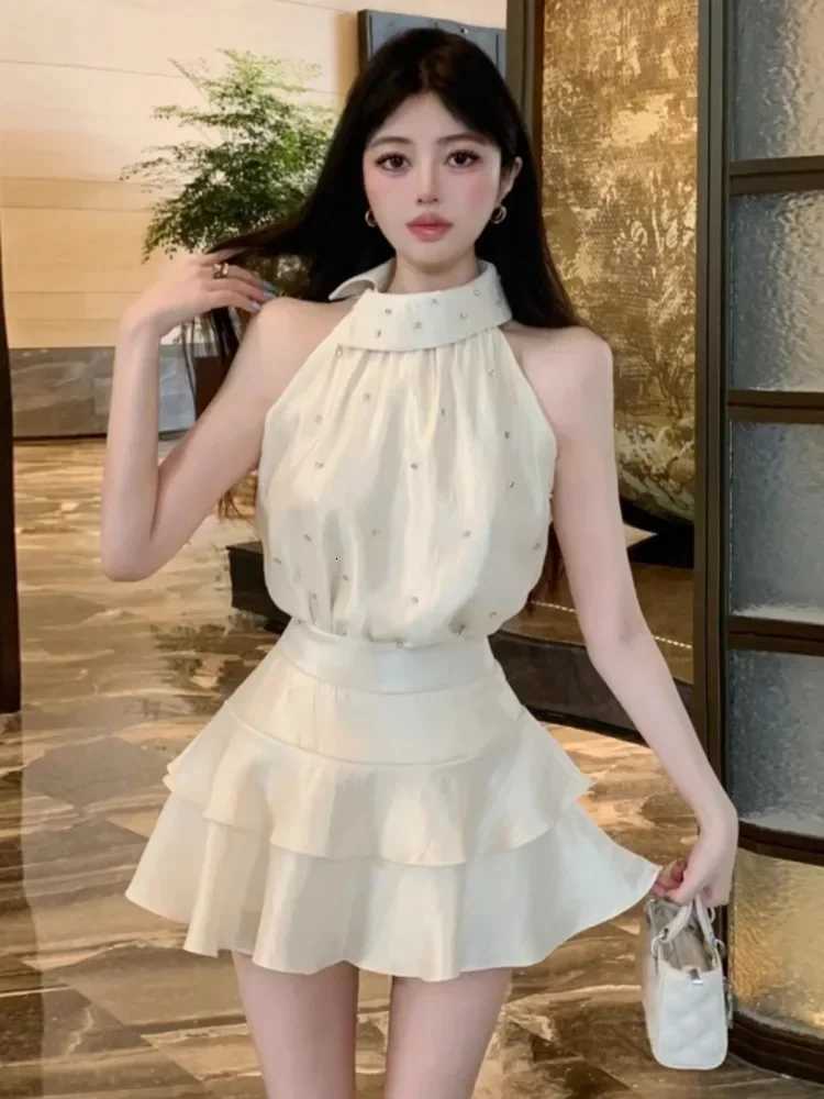 Ezgaga Woman Two Piece Set Sexy Elegant Crop Tank Tops Rhinestone Camis Slim Mini Skirts Summer Fashion Ladies Suits Chic R250716
