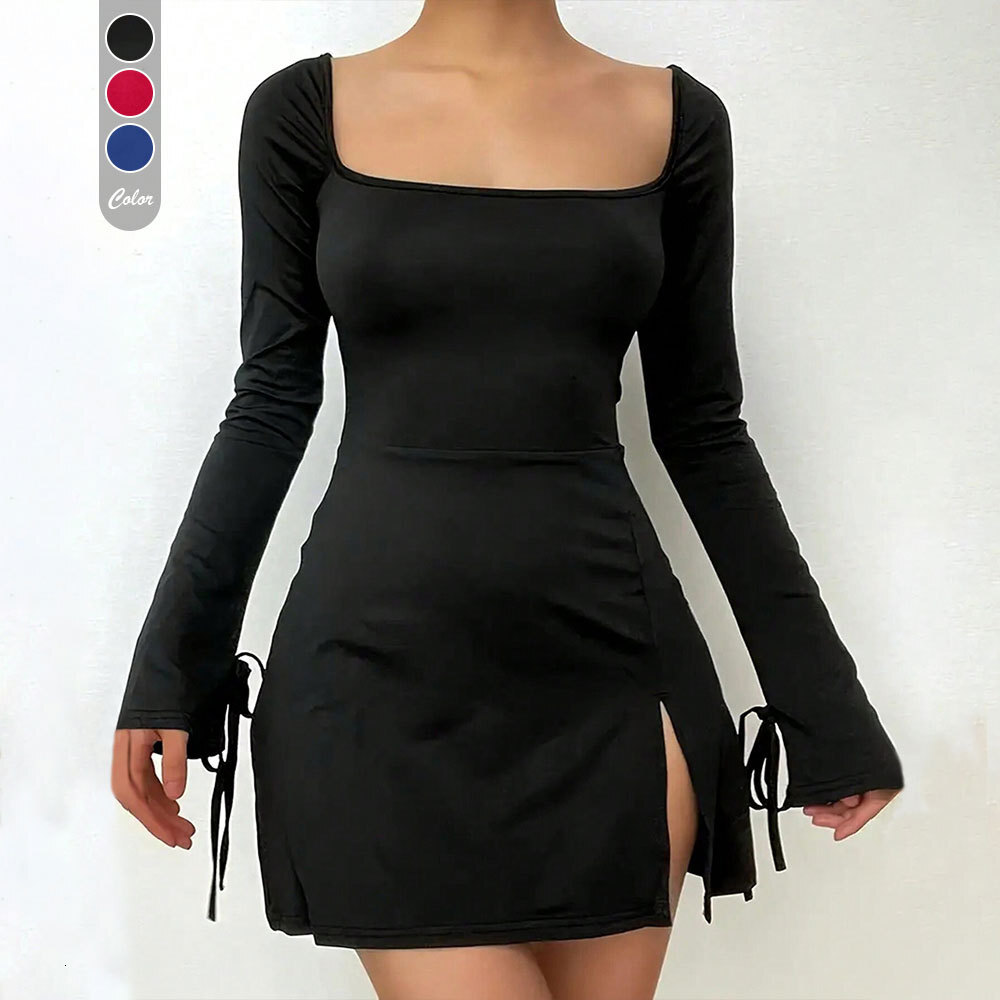 2025 Amazon Cross-Border European and American Style Small Fragrance Square Neck Red Dress Autumn Winter High Waist Versatile A-Line Slit Short for Wo