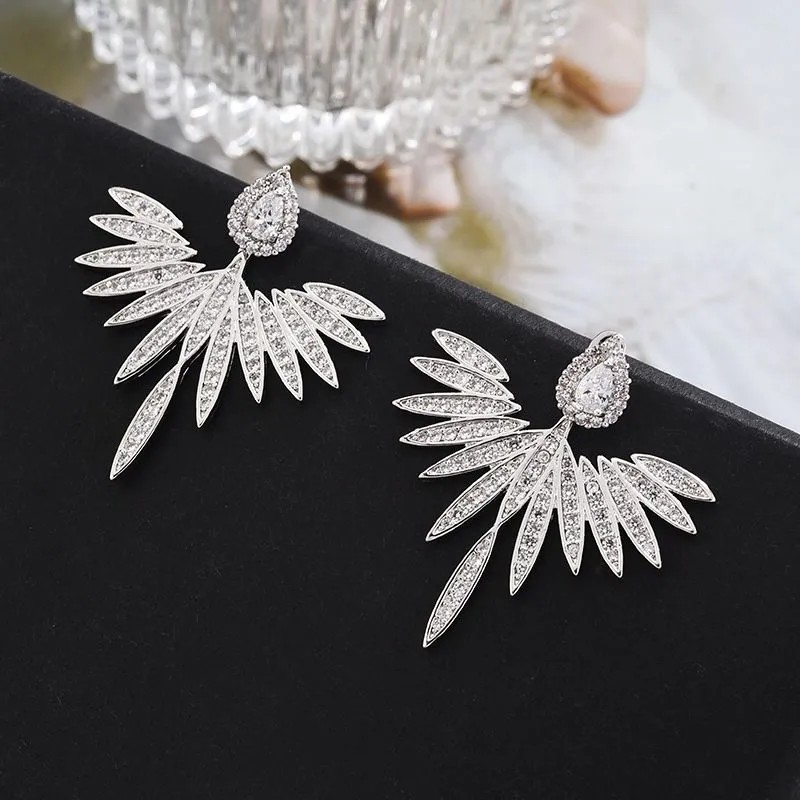 S925 Silver Needle European & American Heavy - duty Fashion Micro - inlaid Zircon Earrings, Angel Wings 2 - in - 1 Stylish Earrings