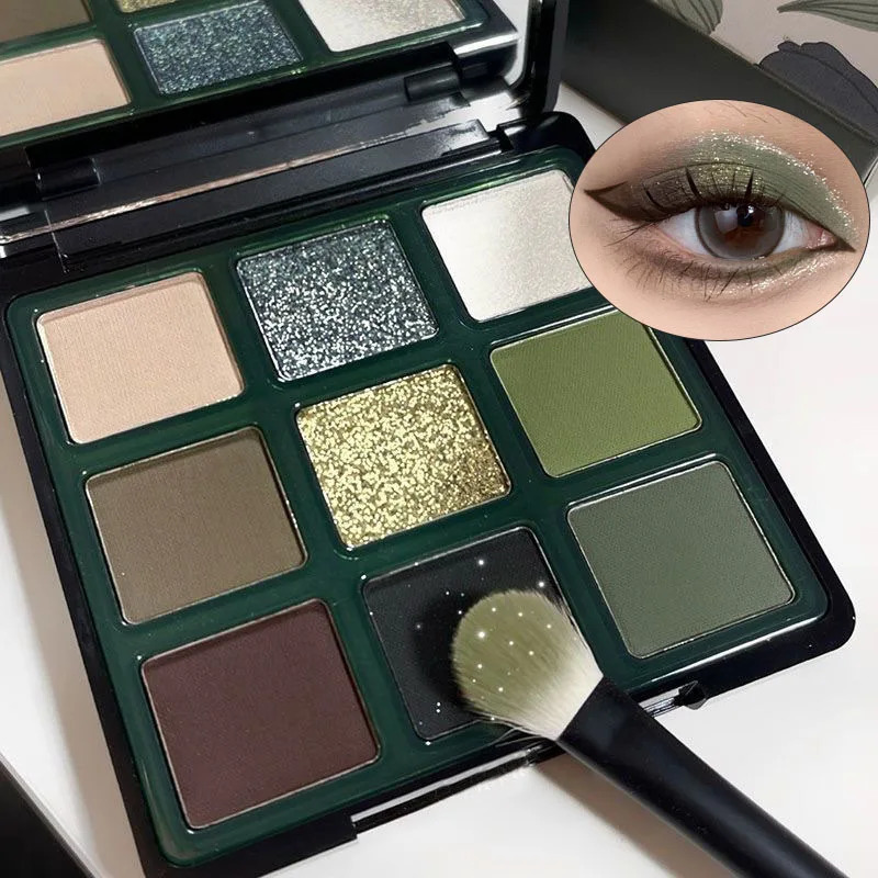9 Color Eyeshadow Palette Olive Green Smoky Eye Look Pearlescent Shimmer Matte Eyeshadow Powder Makeup Palette Glitter Cosmetics 250712