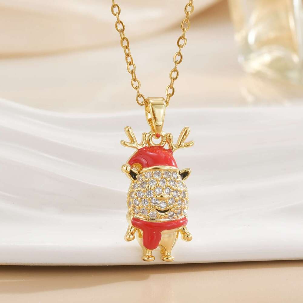 For Women New Copper Inlaid Zirconium Plated Real Gold Christmas Reindeer Antler Design Snowman Necklace Jewelry Ca7