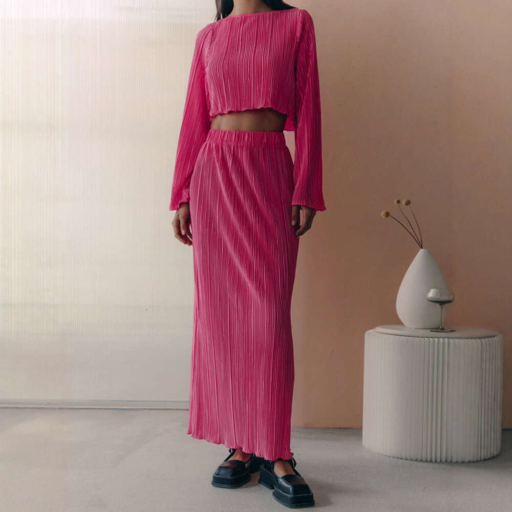 Pleated Spring Summer Bell Sleeve Short Top + Skirt Set For Women B5
