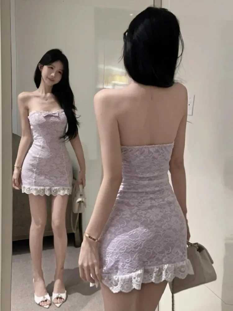 Ezgaga Dresses Women Sexy Strapless Lace Patchwork Bow Slim Stretch Elegant Backless Party Mini Dress Ladies Clubwear Sweet R250716