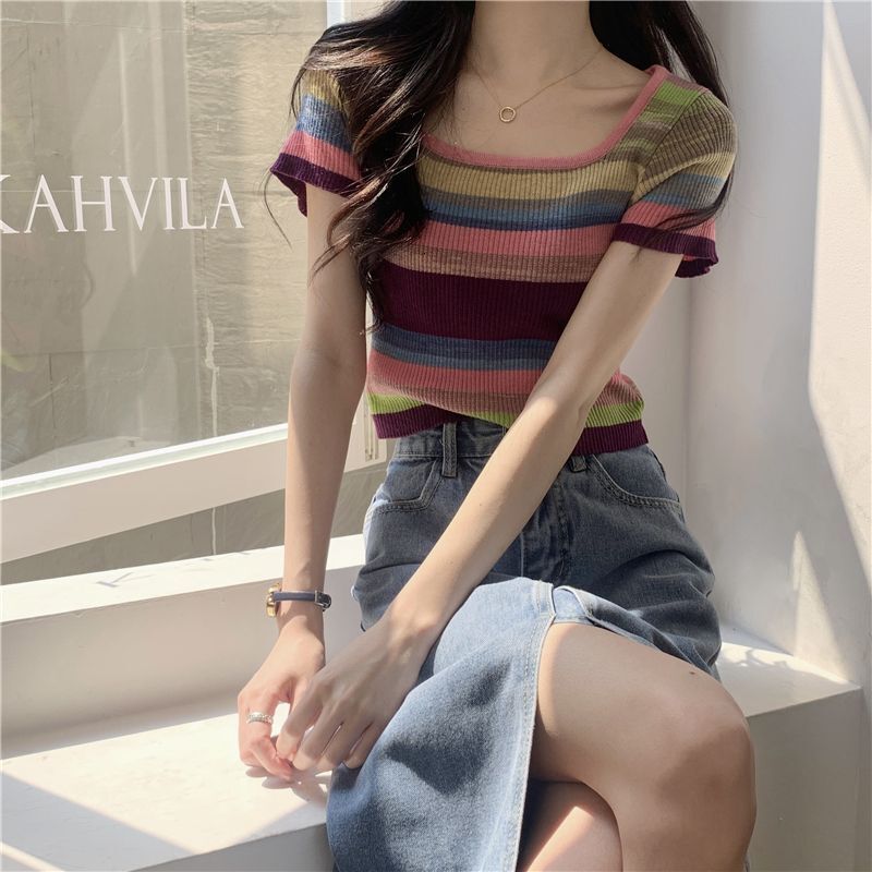 Summer New Women S T Shirt Rainbow Striped Square Neck Regular Shoulder Knit Short Sleeve For Thin Design Sense Pure Desire Sweet Spicy Top Ins Design