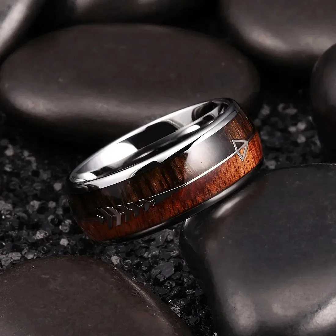 Fashion 8mm Silver Color Stainless Steel Arrow Rings for Men Women Inlaid Hawaiian Koa Wood Rings Men Wedding Band Jewelry Gifts S250716