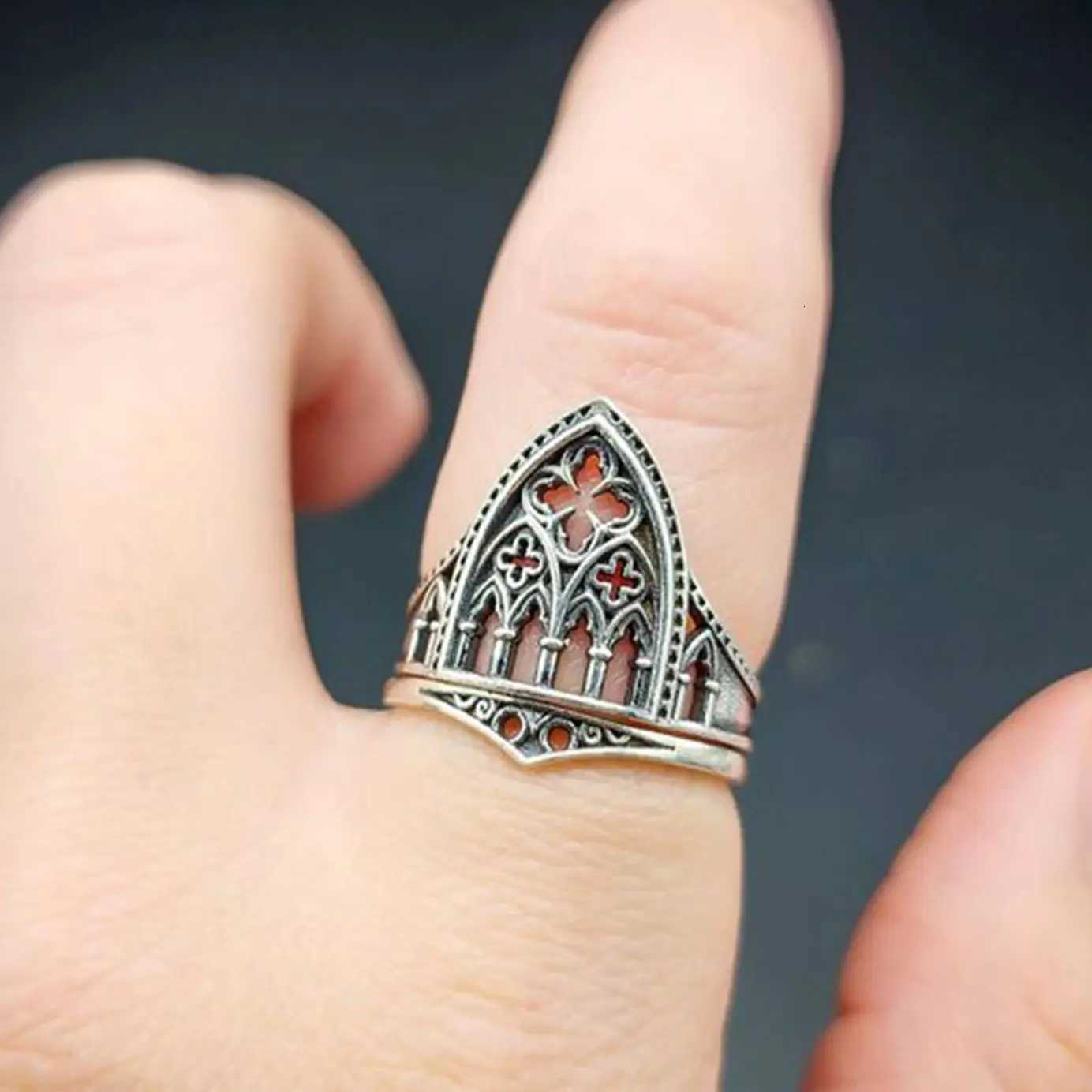 1pc Vintage Castle Architectural Style Hollow Out Flowers Geometry Gothic Metal Silver Color Open Ring Woman Party Prom S250716