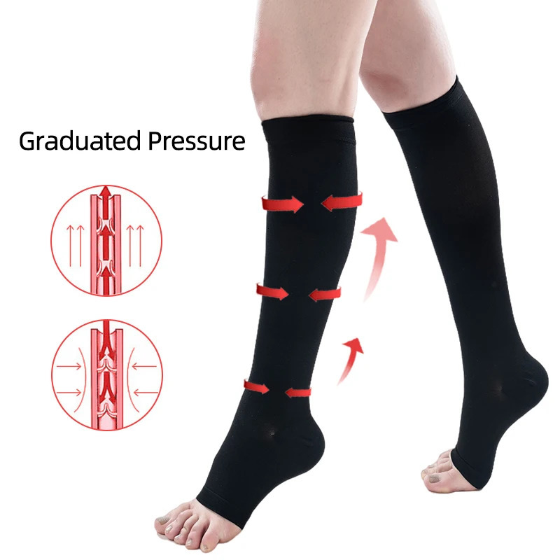 1 Pair Compression Calf Sleeves 3 Levels Pressure Open Toe Breathable Varicose Vein Sports Running Socks 30-40 mmHg 250715