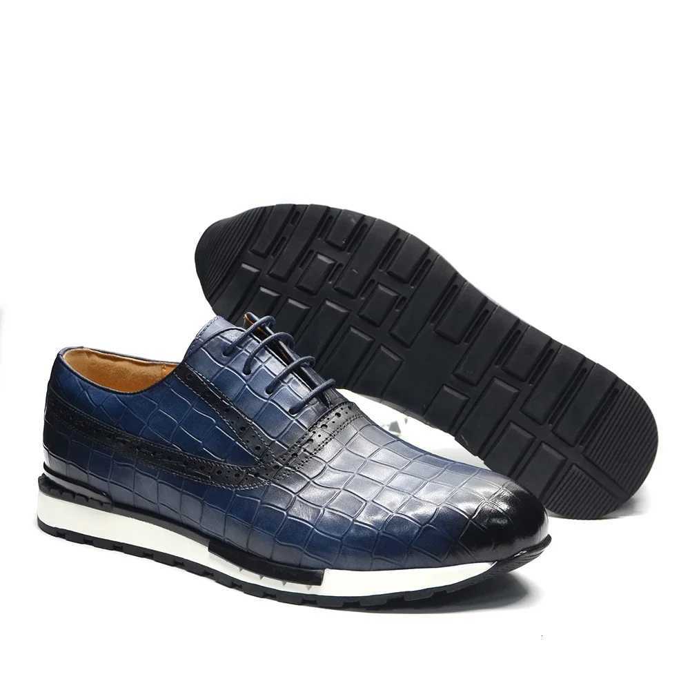 Luxury Men Genuine Leather Casual Sneakers Comfortable Lace Up Oxford Daily Social Shoes Stone Pattern Solid Blue Mens Footwear W250716