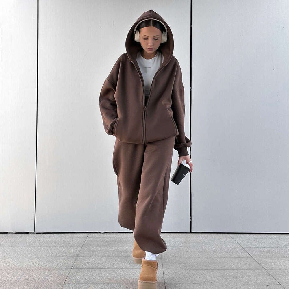 Autumn Winter New Women's Sports Casual Fleece Cardigan Sweatshirt Set B5