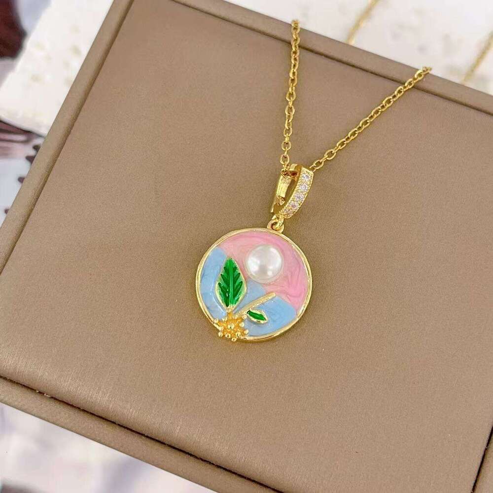 National Style Oil Drop Monet Garden Painted Copper Pendant Necklace For Women Exquisite High-End Jewelry Titanium Steel Clavicle Chain 89A