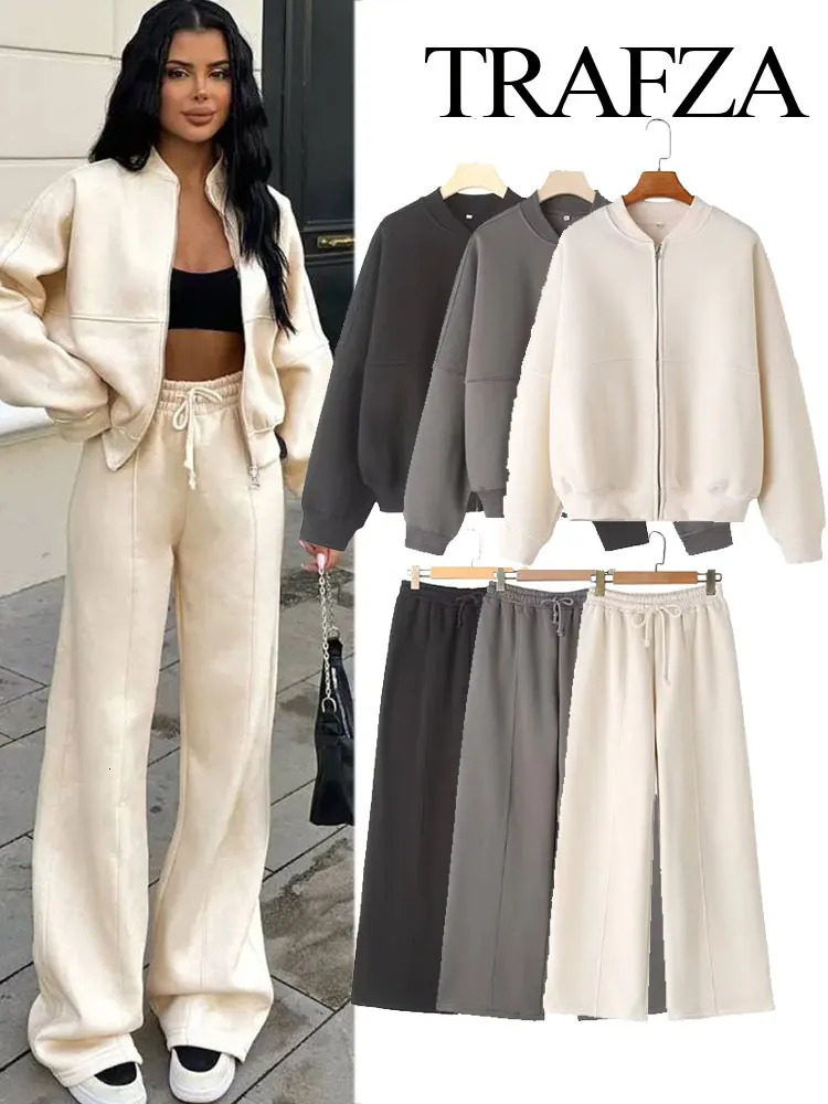 TRAFZA Womens 2-piece Retro Solid Color Zipper Bomber Jacket Sweatshirt High-waisted Lace-up Womens Loose Velvet Pants Suit 250715