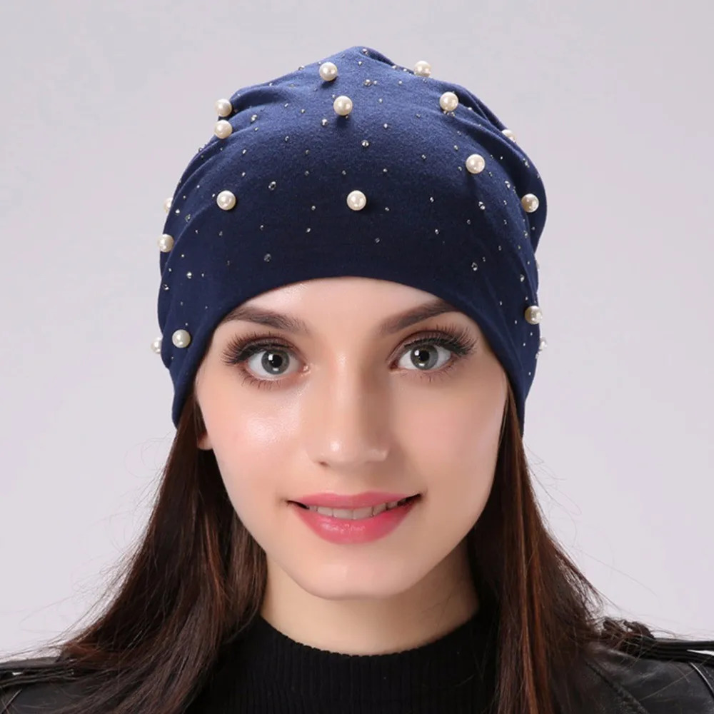 Soft Cotton Autumn Spring Beanie Hat Girls Pearl Rhinestones Warm Skullies Caps Turban Bonnet Hat Female Ladies 250715