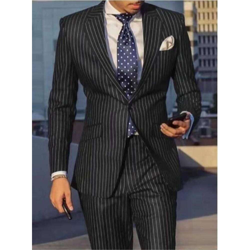 Navy Blue/Black Striped Men Suits Slim Fit Notch Lapel Single Breasted Wedding Groom Tuxedos 2 Piece Business Set (Jacket+Pants)