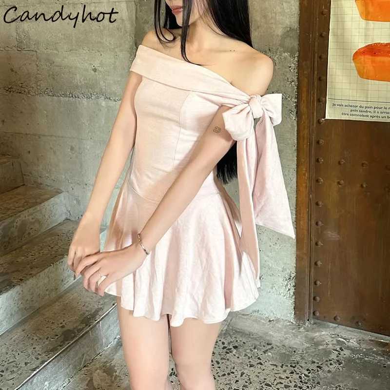 Candyhot Sexy One-Shoulder Bows Sleeveless Solid Color Strapless Mini Dresses Y2K Summer Fashion Casual Daily New Women Dresses R250716