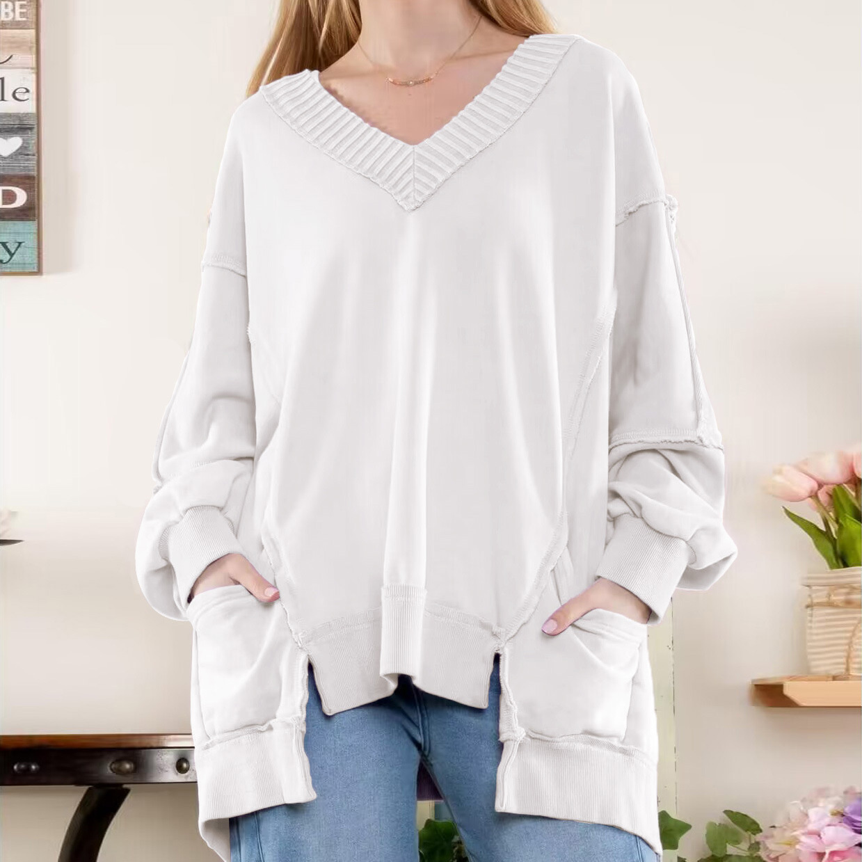 hot Free shipping designer hoodie for women Lantern sleeves loose V neck irregular hem design long sleeved hoodie
