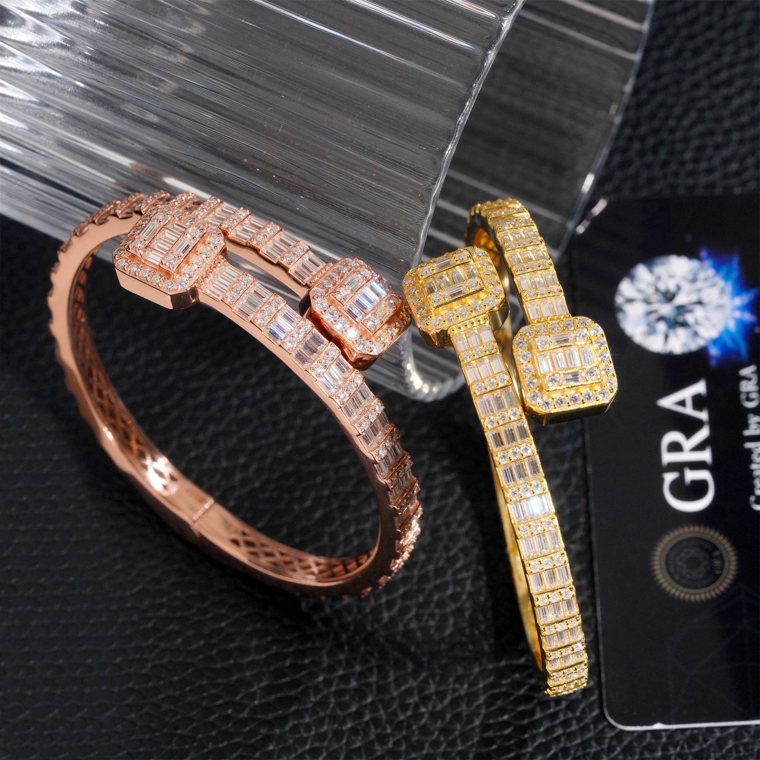 S925 Silver D Color Baguette Design Cuff Bracelet High Quality Drop Iced Out Moissanite Hip Hop Jewelry
