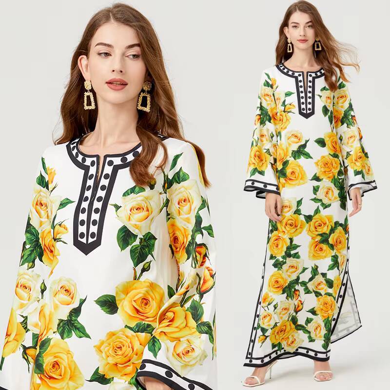 Summer Bohomian Loose Maxi Dress Runway Womens O-Neck Batwing Sleeve Yellow Rose Print Oversize Split Robe Long Vestidos 613 dongdumaoyi