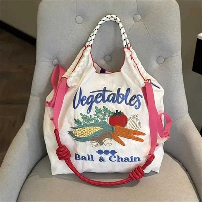 New Japanese Style Tenghua Ball Chain Embroidered Eco-friendly HandBag Nylon Diagonal Shoulder Shopping Bag Large Capacity 2024