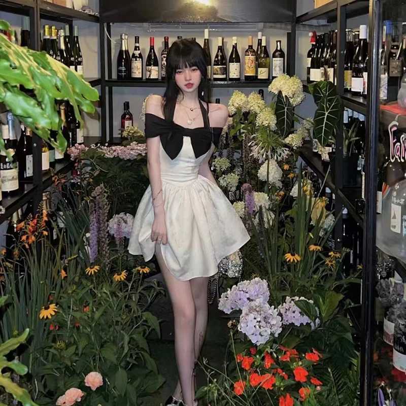 MEXZT Elegant Bow Mini Dress Women Fashion Party Sexy Slash Neck Dresses Summer Fairy Korean Halter Bodycon A Line Dresses New R250716
