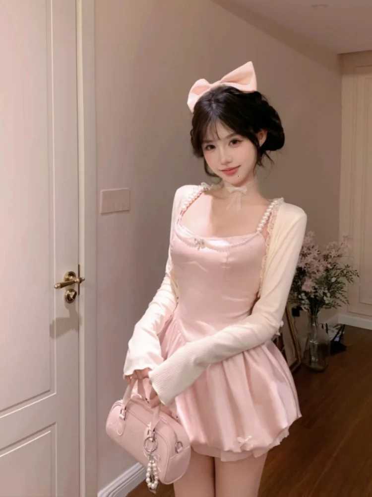 Women Sweet Satin Mini Dress Pearl Strap Puff Skirt Cute Princess Style Slim Fit Sleeveless Dress Party Holiday Summer Look 2025 R250716