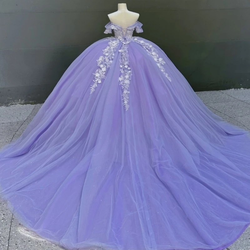 Lavender Quinceanera Dresses Ball Gown Off The Shoulder Applique Lace Beading Crystal Tull Party Birthday Sweet 16 Dress Vestidos De 15 Anos