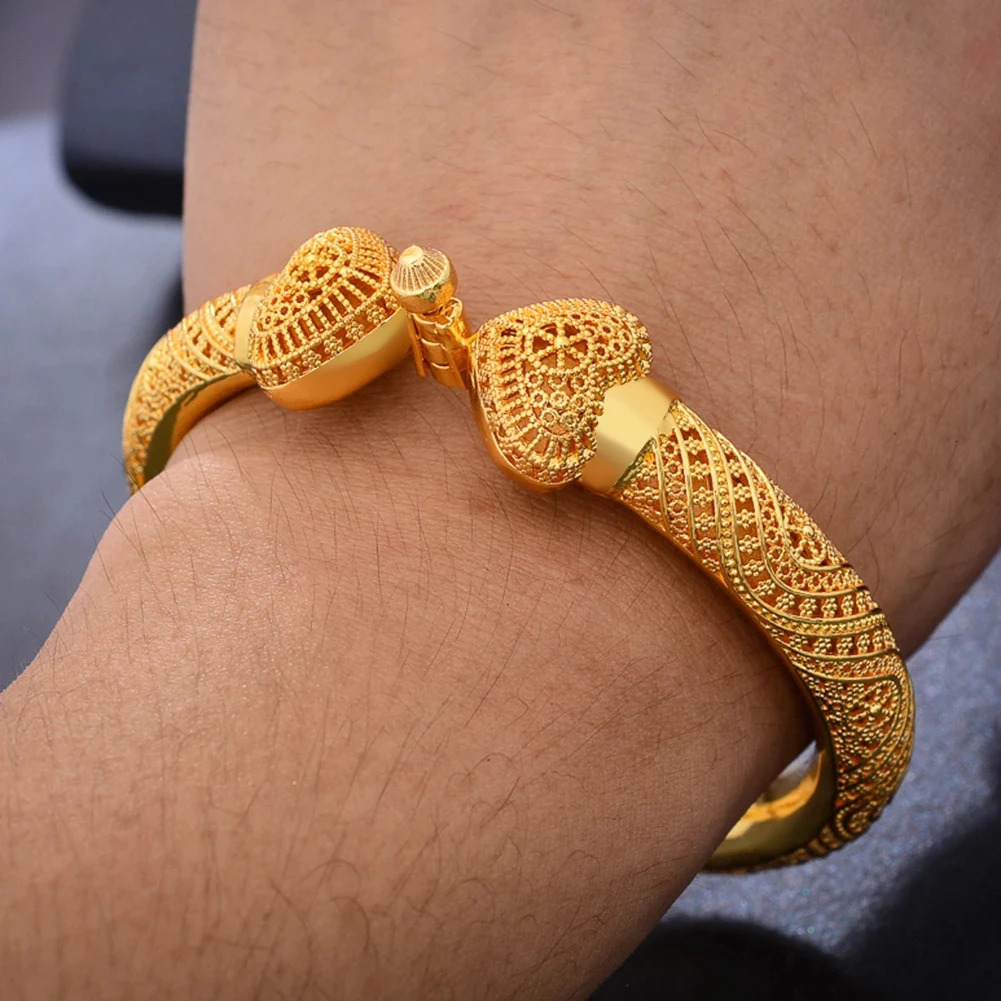24k Dubai Wedding Gold Color Bangles For Women Girls Heart Bride India Bangles Bracelets Jewelry Gift 250712