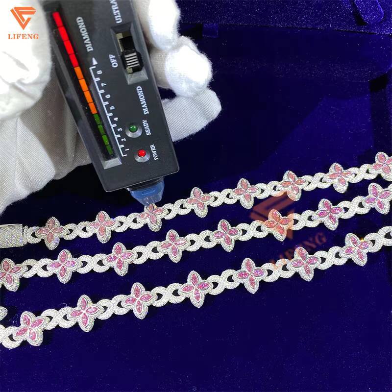 Custom Hip Hop Jewelry 14mm White Gold 925 Sterling Silver Pink Moissanite Diamond Four Leaf Clover Infinity Link Bracelet