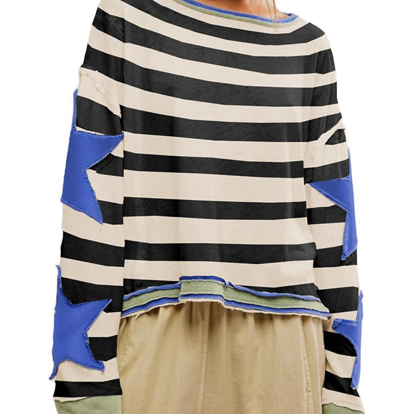 hot Free shipping designer hoodie for women Color blocking patchwork fashionable long sleeved top with off shoulder round neck and star decorative lin