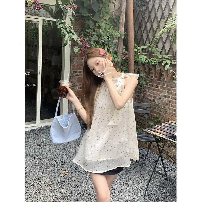MEXZT Sweet Dot Shirts Women Elegant Bow Bandage Blouses Vintage Halter Print Tops Summer Korean Sleeveless Casual Clothes New R250716
