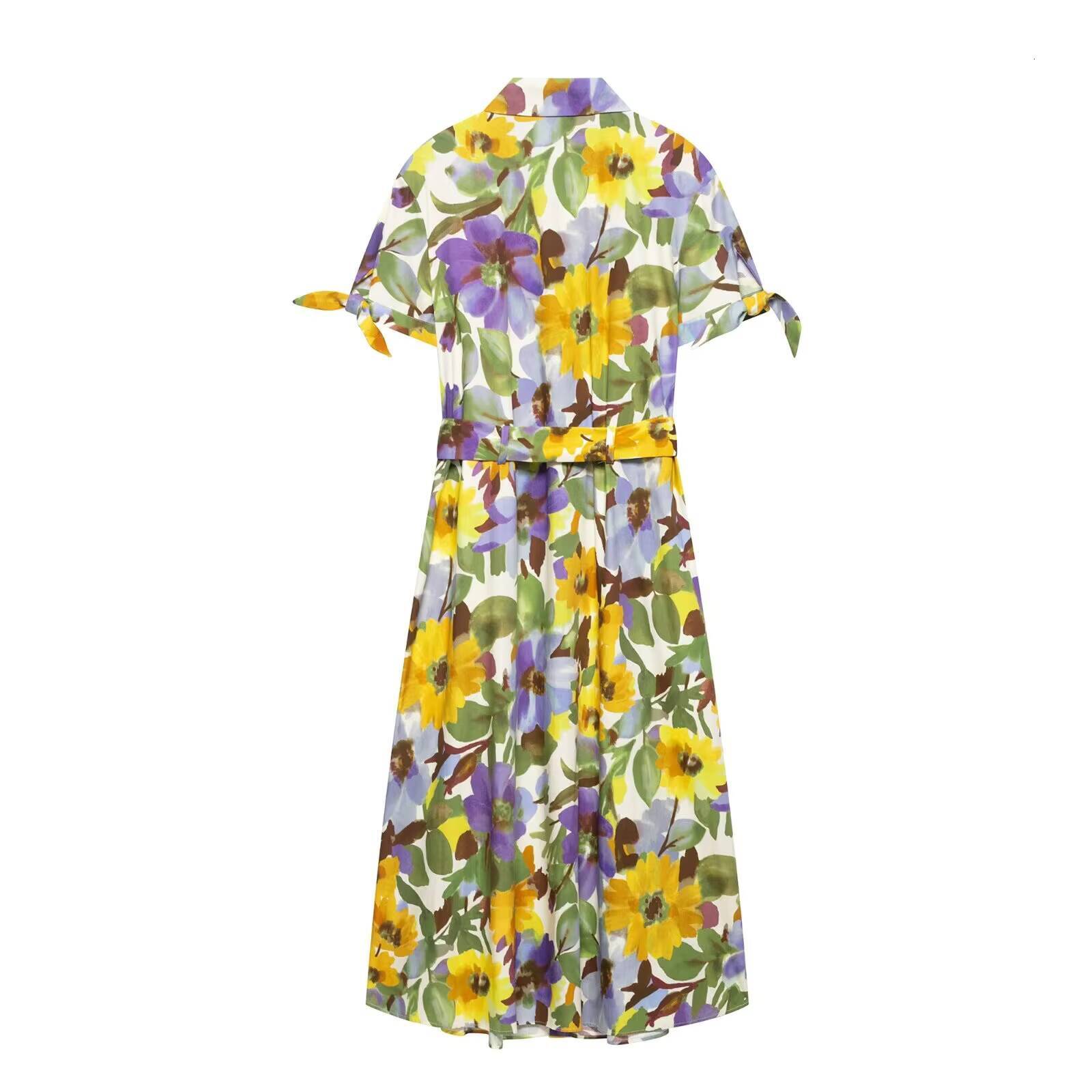 2025 Printed Short Sleeve Flip Tie Belt Temperament Summer New Style Womens Fashionable Charm Dress dongdumaoyi
