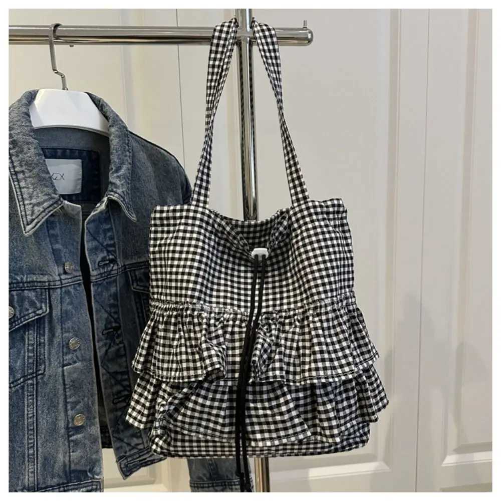 All-match Korean Style Lotus Leaf Shoulder Bag Large Capacity Bag Cloth Cute Plaid Tote Bag Storage Bag