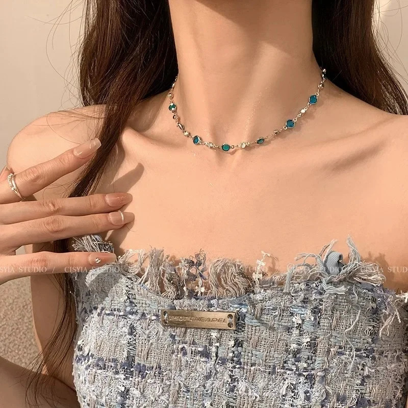 LATS Romantic Blue Crystal Butterfly Necklace for Women Girls Simple Shiny Zircon Bilayer Choker Clavicle Chain Fine Jewelry 250805