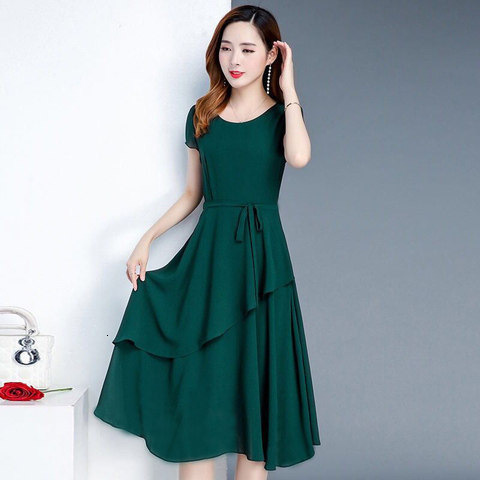 2025 Summer High-End Waist-Cinching Slimming Age-Reducing Slim Fit Elegant Mid-Length A-Line Round Neck Plus Size Loose Women's Dress