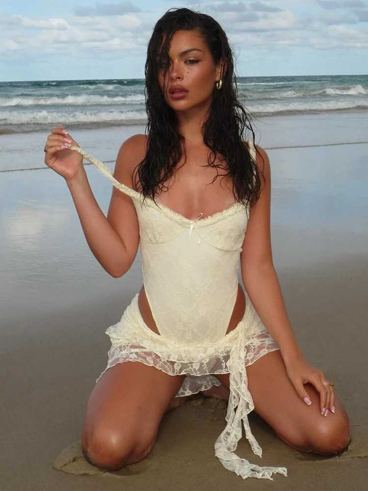 2 Piece Women Low-Neck Sleeveless Bodysuits+Ruched See Through Tassel Skirts Elegant Jacquard Weird Puss Beach Party Trend Suits R250716
