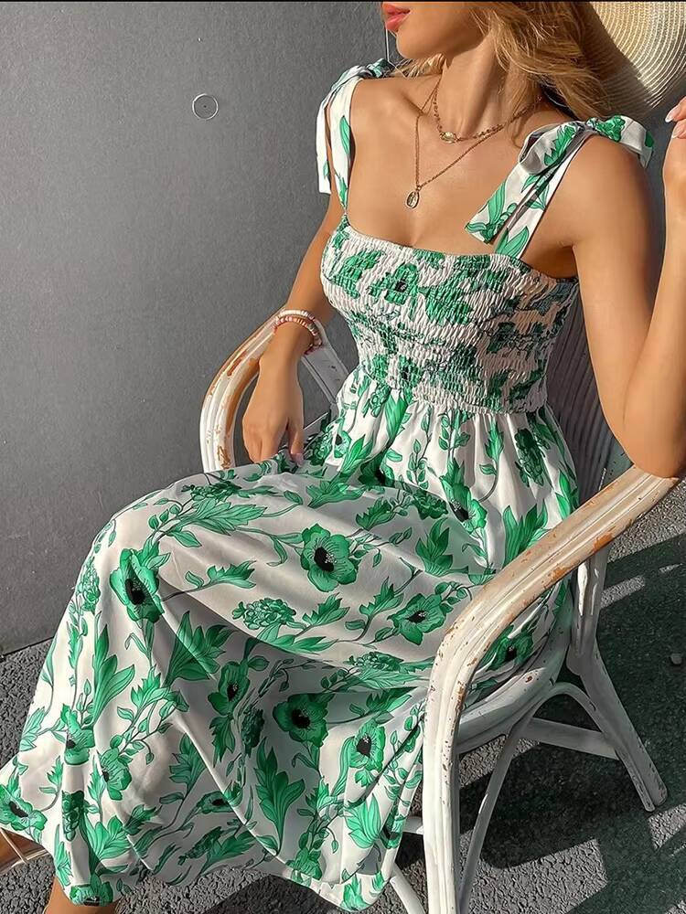 Sexy Floral Long Dress Women Fashion Backless Sleeveless Bandage Beach Sundress Casual Green Summer Ladies New In Dresses dongdumaoyi
