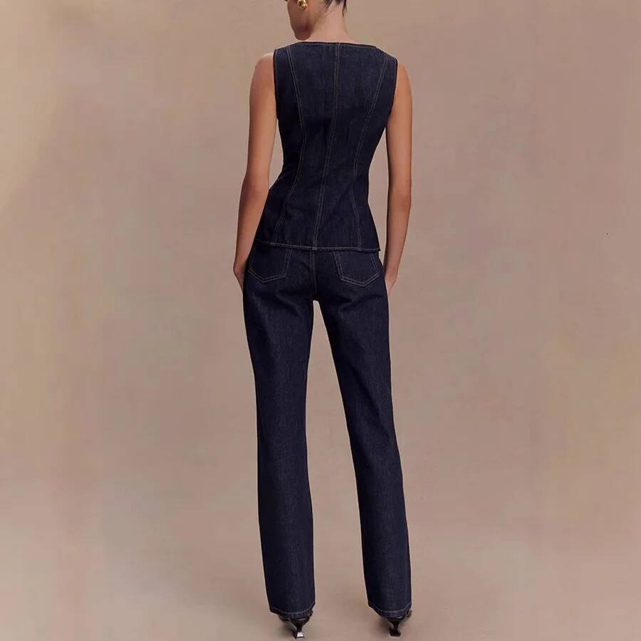 Spring Summer Women's Modern Style Button-Square Collar Sleeveless High-Waisted Denim Top And Straight-Leg Jeans Two-Piece Set