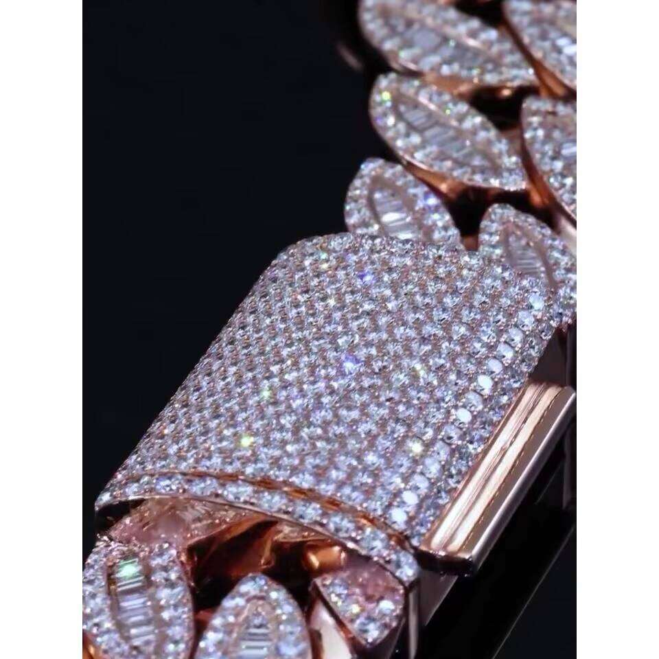 Pass 100% diamond test18mm Stone Cuban Chain - Ice Out Necklace, with Long Stick Bread and Round Cut VVS Silicon Stone, Tester Passed