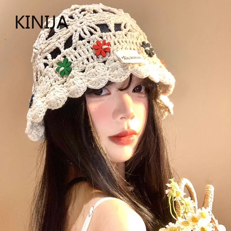 Korean Handmake Bucket Hat Flower Decoration Knitted Hollow Basin Hat Womens Summer Thin Breathable Sunshade Sun Cap Gorras 250715