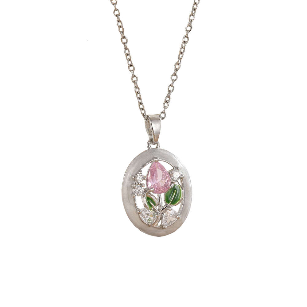 Titanium Steel Clavicle Chain Oil Drop Micro Inlaid Tulip Flower Necklace For Women Light Niche High-End Non-Fading Jewelry B08