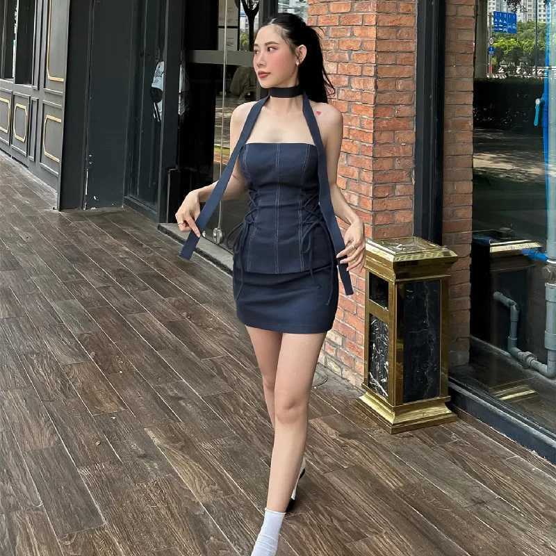 Candyhot Sexy Casual Side Cross Bandage Solid Tube Tank Top With Skinny Slim Skirt Summer Women Formal Occasions Two Piece Set R250716