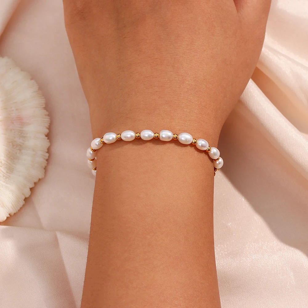 100% Real Natural Oval Shape Freshwater Pearl Beaded Bracelet For Women High Quality 18K Gold Plated Waterproof Bracelet Jewelry 250712