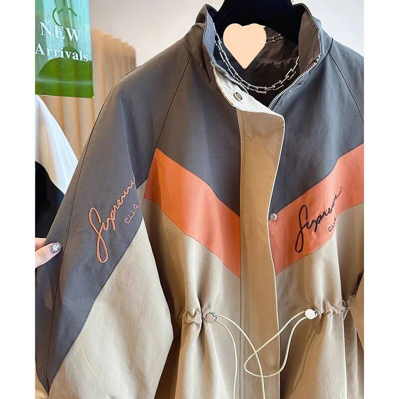 Fashion Contrast Color Women Jacket Casual Loose Zipper Single Breasted Drawstring Jackets 2025 New Streetwear Ladies Outerwear