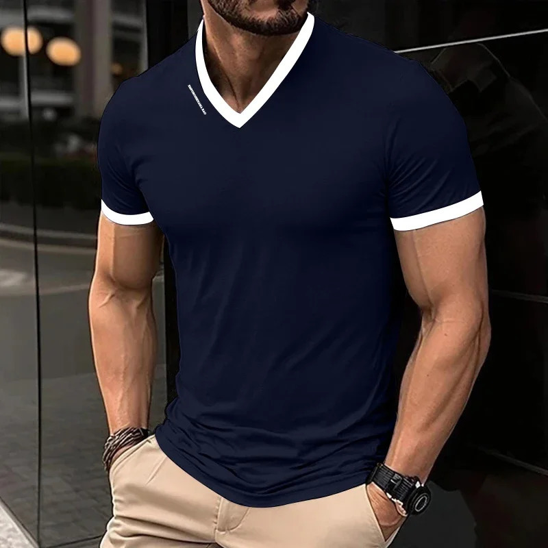 Mens Casual and Fashionable Solid Color V-neck Short Sleeved T-shirt with Letter Print Summer Versatile and Comfortable Top 250715