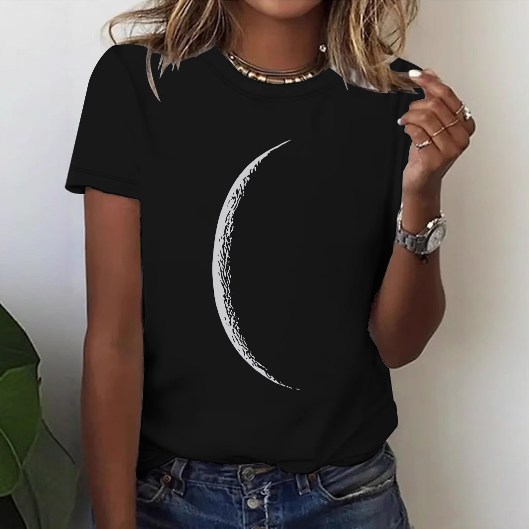 Round Neck Top Women Summer High-end Moon Pattern Print T-shirt Loose Short Sleeve