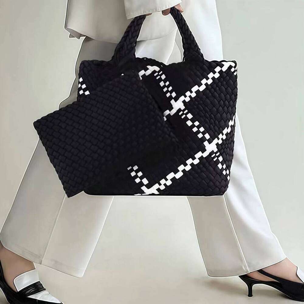 Woven for Women, Summer Beach Handbag Purse Retro Handmade Travel Shoulder Set Neoprene Weave Tote Bag
