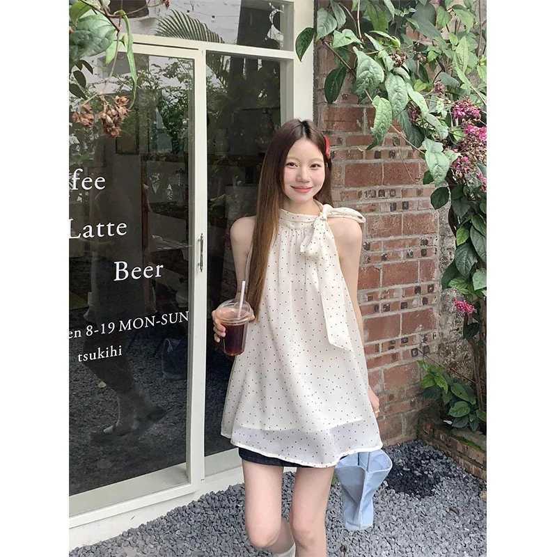 MEXZT Sweet Dot Shirts Women Elegant Bow Bandage Blouses Vintage Halter Print Tops Summer Korean Sleeveless Casual Clothes New R250716