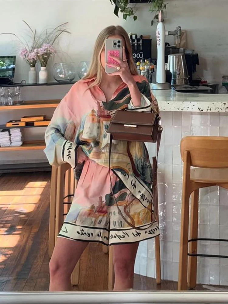 Fashion Printed 2 Piece Set Loose Lapel Button Long Sleeved Shirt Elastic Waist Shorts Suit 2025 Spring Summer Beach Lady 250714