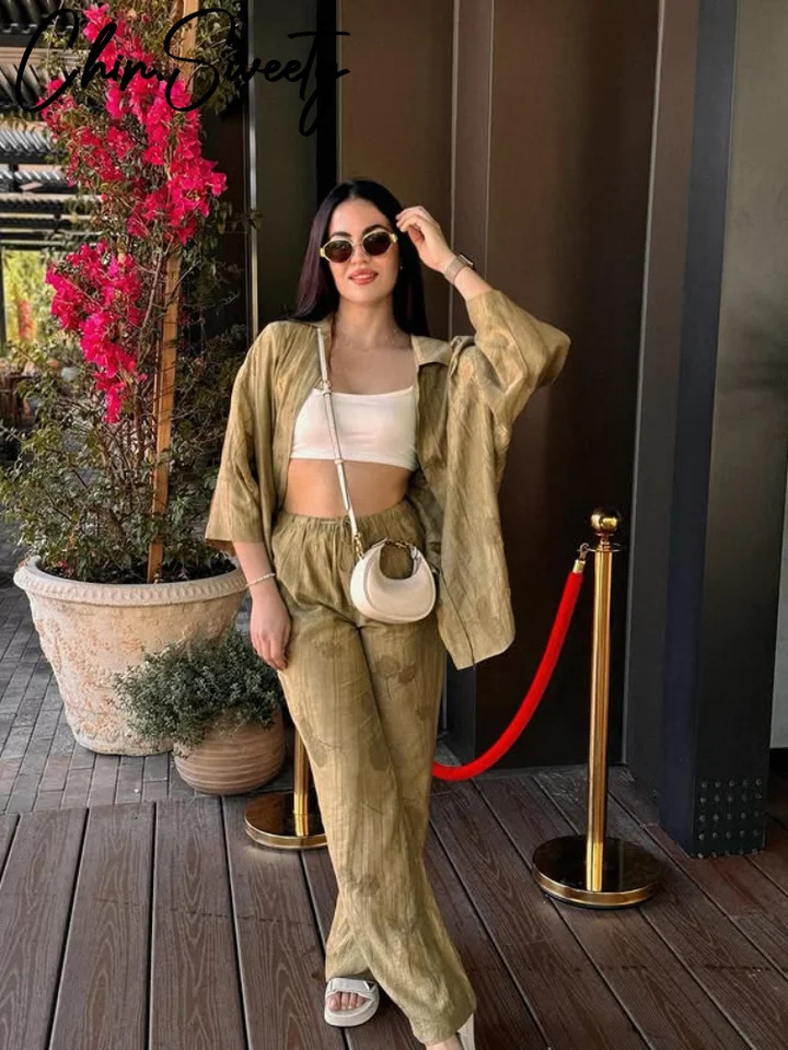 Casual Jacquard Shirt Pants Suit Women Lapel Half Sleeve Button Shirts Wide Leg Pant Suits Female Summer Lady Streetwear Set 250715